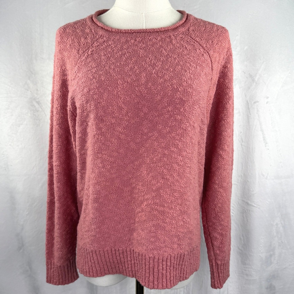 L.L.Bean 100% Cotton Roll Neck Textured Knit Sweater Dusty Rose M Petite
